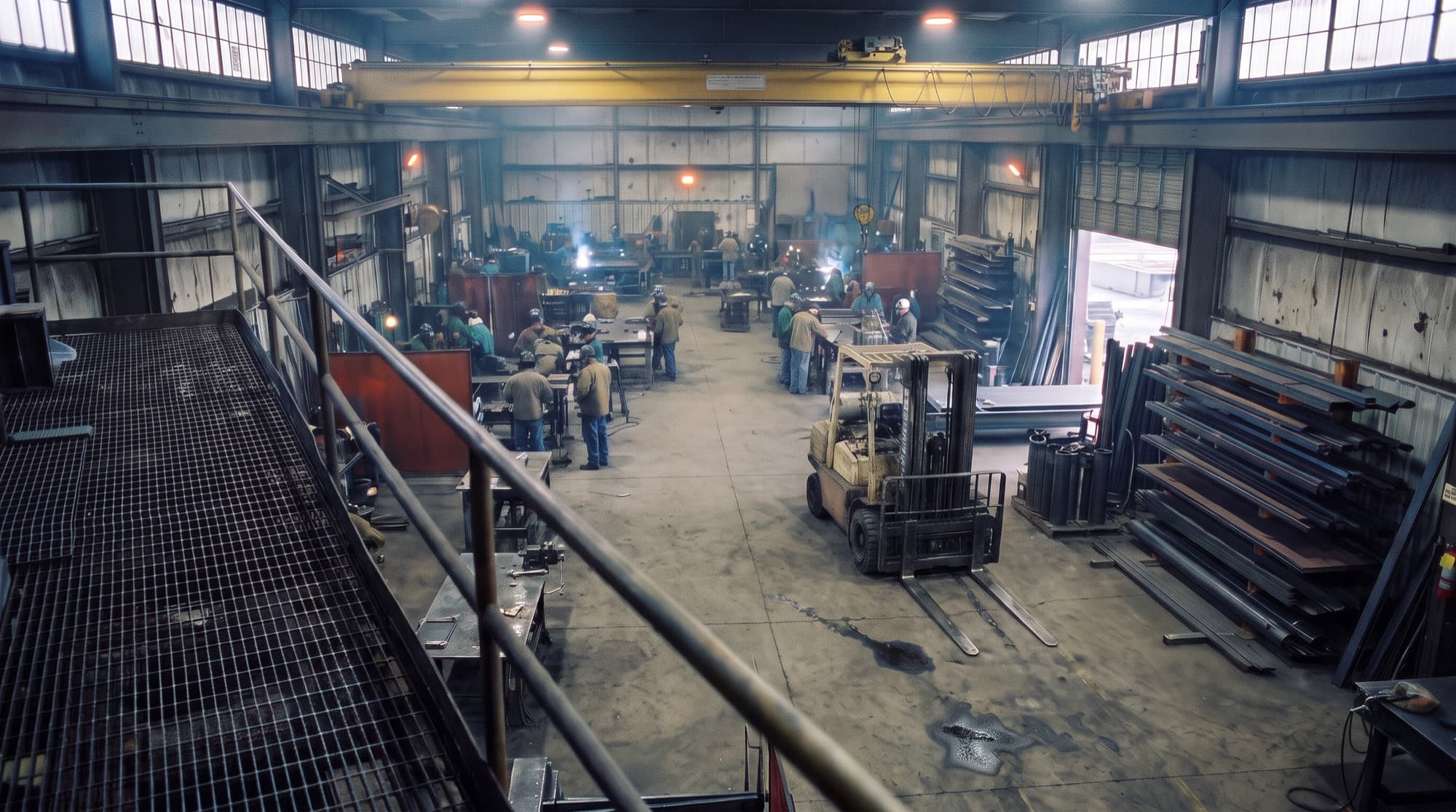 A steel fabrication shop floor seen from the mezzanine, a dozen men at their benches under the overhead crane