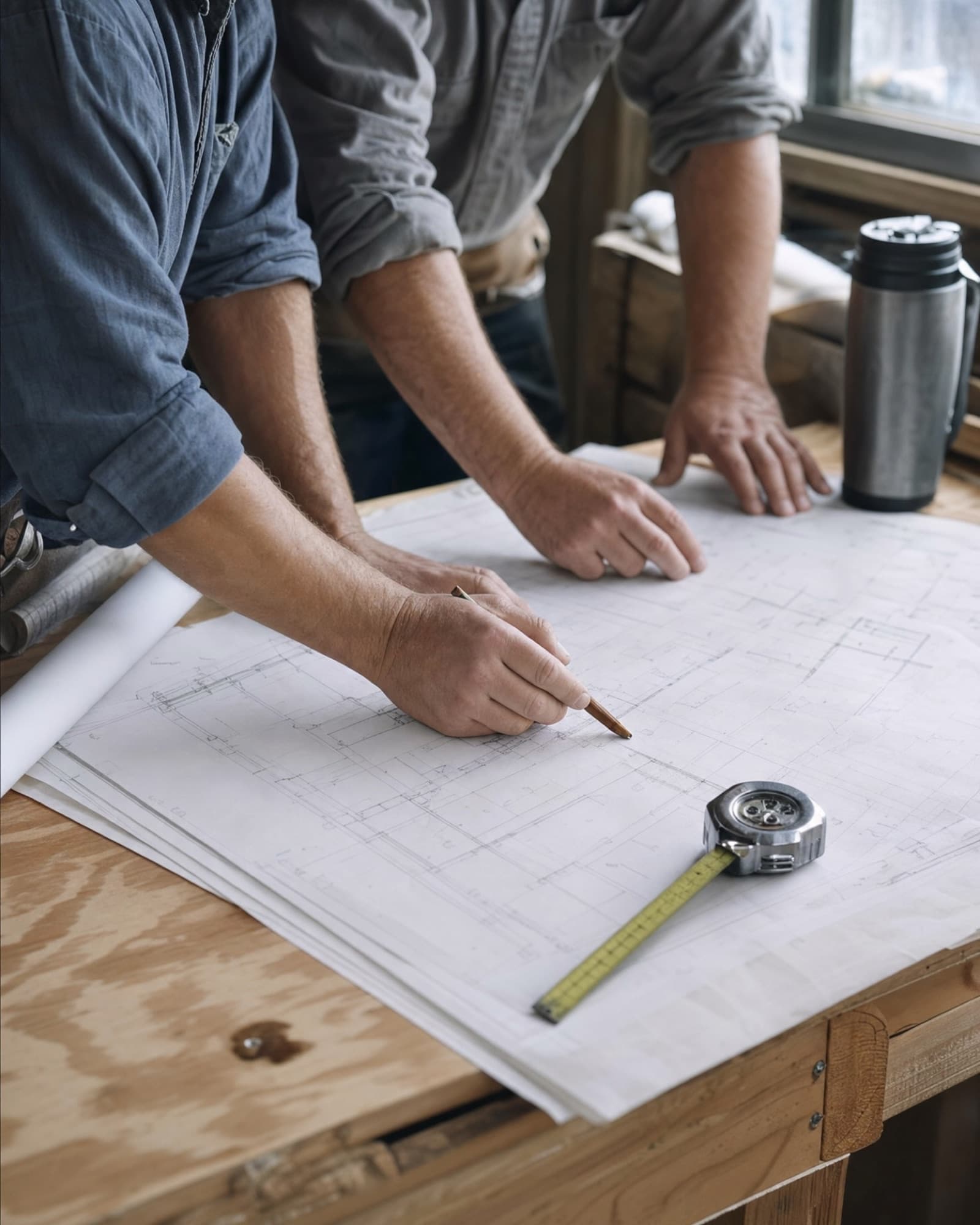 Two men’s hands over construction drawings on a plywood table in a site trailer