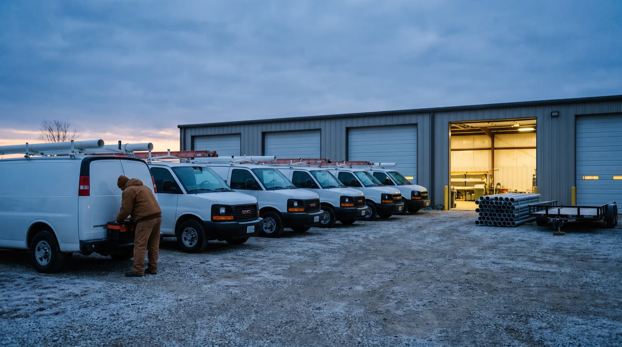 A plumbing contractor’s fleet of white service vans lined up in a gravel yard at dawn, a technician loading the first